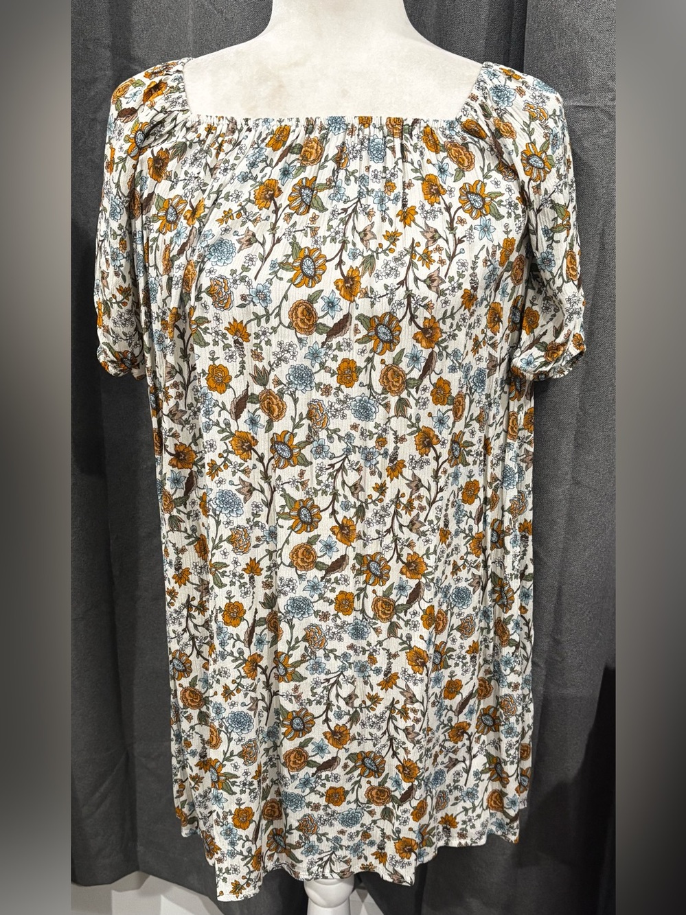 NWOT Self Contrast Floral Square Neck Viscose Mini Dress XS Cream Blue Boho